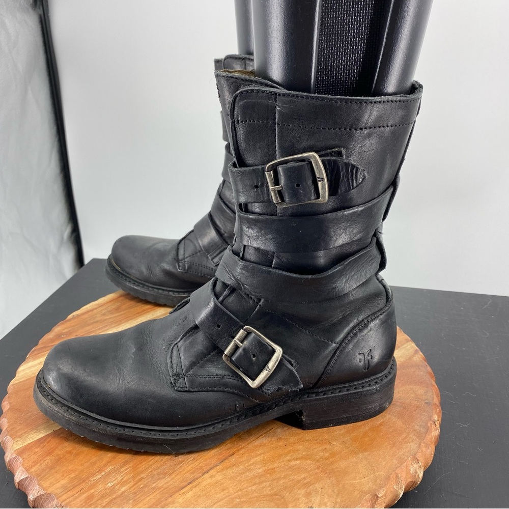 Frye Black Leather Combat Moto Boots with Buckles